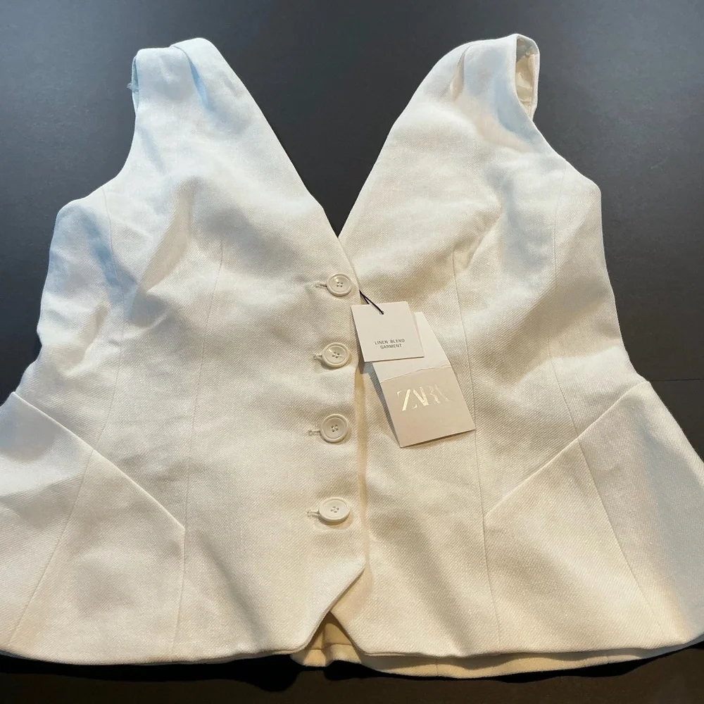 ZARA Linen Ivory Front Button Vest Size XL NWT - Picture 1 of 11